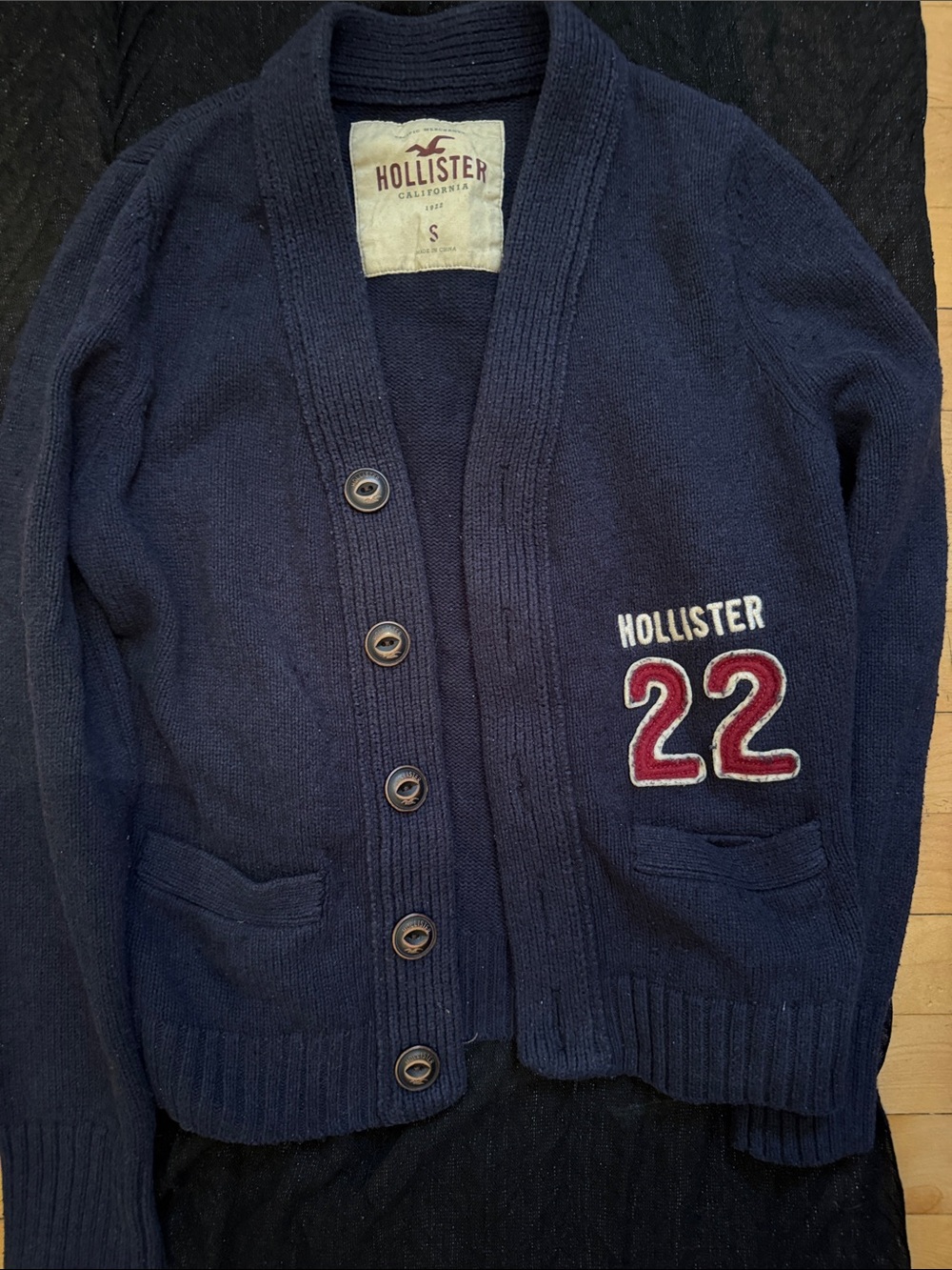 Hollister Navy Button-Up Cardigan with Red '22' Patch